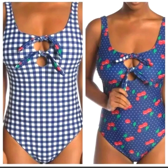 (10 US) JUICY COUTURE BLACK LABEL CHERRY PRINT PLAID SWIMSUIT REVERSIB…